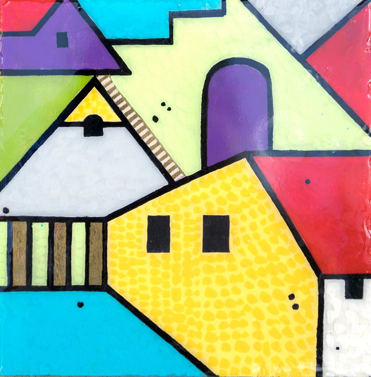 Geometric Cityscapes Acrylic Painting By Ariadna De Raadt, 8 X 8, Home And Town3, Original Artwork