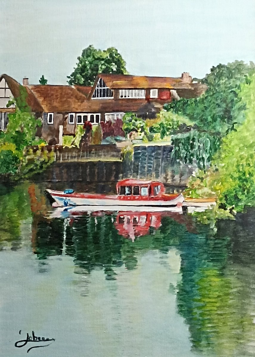 Impressionistic Landscape Oil Painting By Isabelle Lucas, 13 X 18, Boat On The Thames, Original Artwork