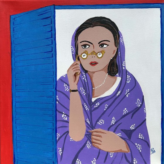 Original POP Art - Binoculars Purple Saree Pop Art Indian painting, Modern Asian painting