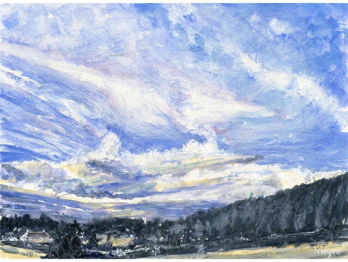 Original Sky Watercolour Painting - LAZY CLOUDS - Countryside Blue Landscape by Neil Wrynne