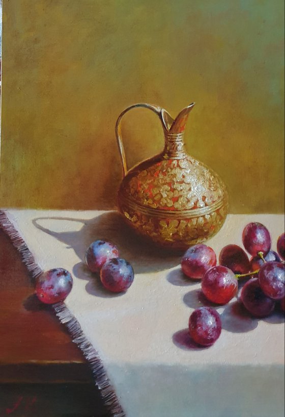 "Still life with grapes and an old brass jug." still life grapes old brass jug summer  liGHt original painting  GIFT (2020)