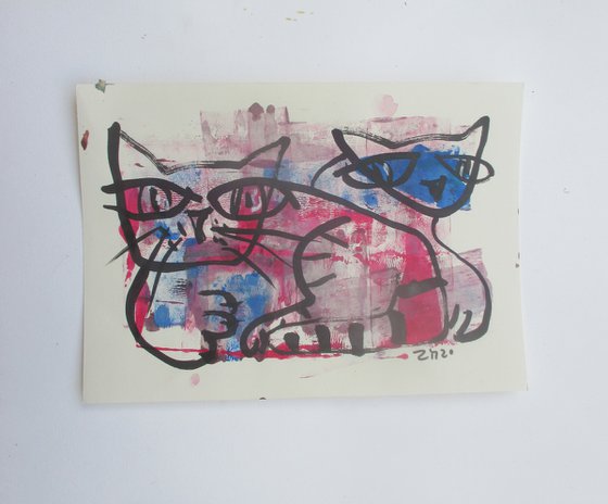 two crazy blue cats 8,2 x 11,4 inch unique mixedmedia drawing