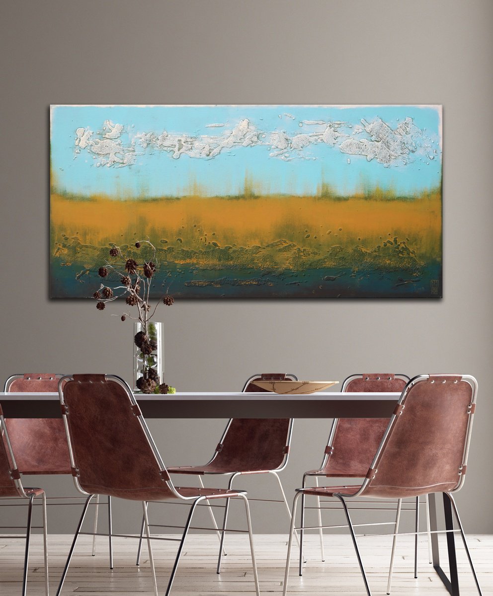 Abstract Acrylic Painting By Ronald Hunter, 55 X 28", Landscape Camel & Turquoise, Original Artwork