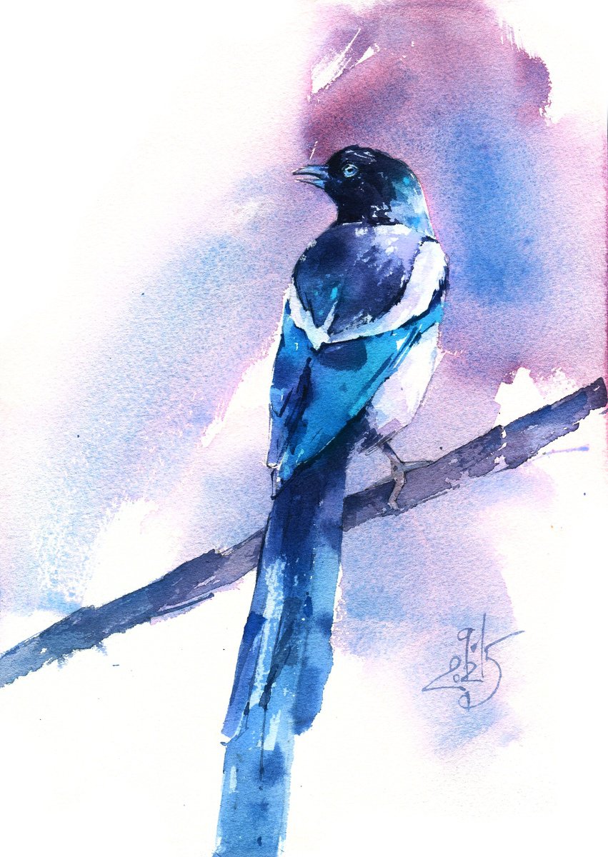 Impressionistic Animal Watercolour By Ksenia Selianko, 8 X 12", Magpie Bird, Original Artwork