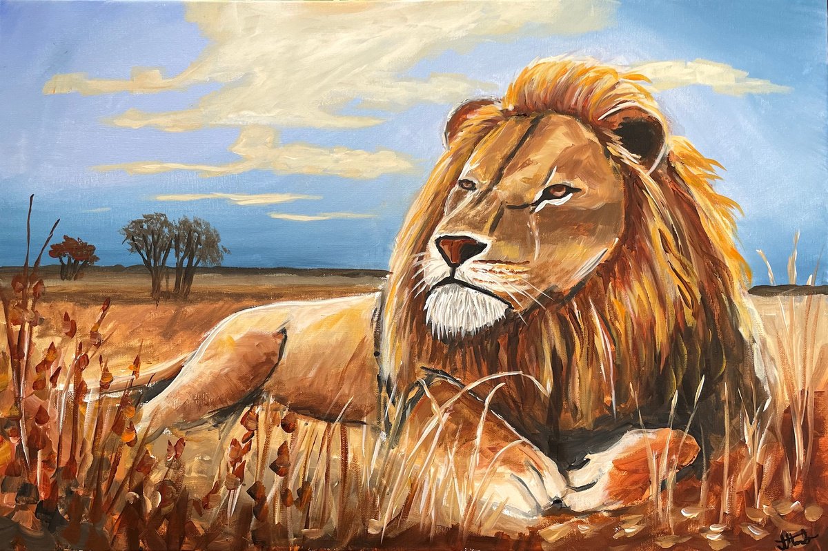 Impressionistic Animal Acrylic Painting By Aisha Haider, 30 X 20, King Of The Jungle, Original Artwork