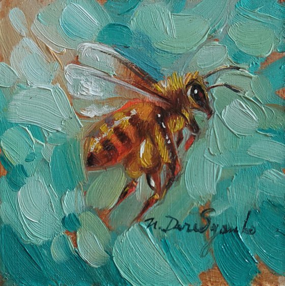 Bee art oil painting original in frame 2x2 inch, Honey bee artwork turquoise