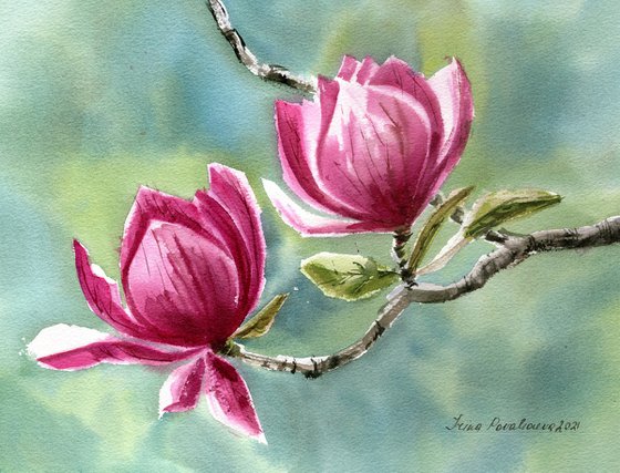 Magnolia flowers original watercolor painting, floral artwork, pink and green impressionistic wall art, bedroom decor, gift for her