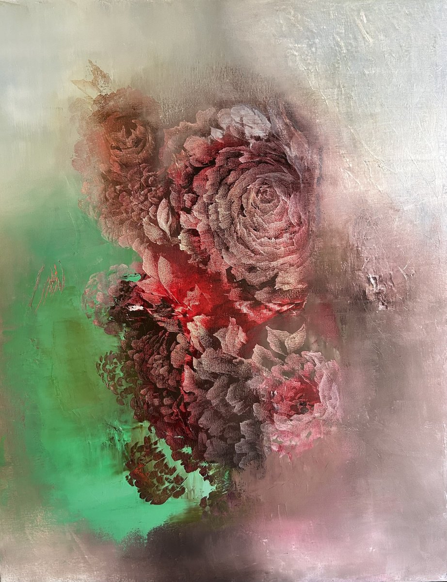 Expressive Botanical Oil Painting By Ludmila Budanov, 31 X 39", Eruption Of Emotions, Original Artwork