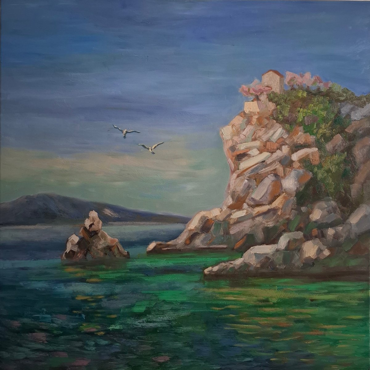 Impressionistic Landscape Oil Painting By Olena Kolotova, 31 X 31", Croatian Seascape, Original Artwork