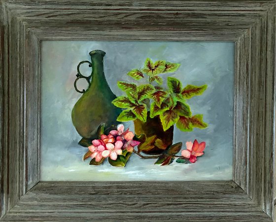 One of a Kind Crab Apple branch Still Life with Coleus garden pot Driftwood Frame