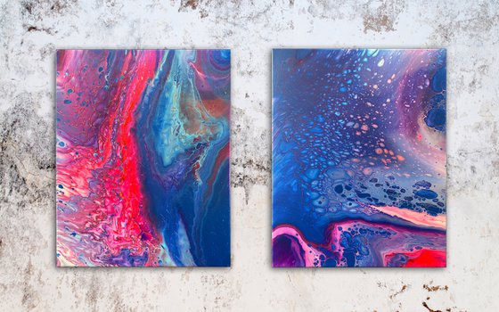 "Sharing A Dream" - FREE USA SHIPPING - Original PMS Abstract Diptych Fluid Acrylic Paintings On Canvas - 32" x 20"