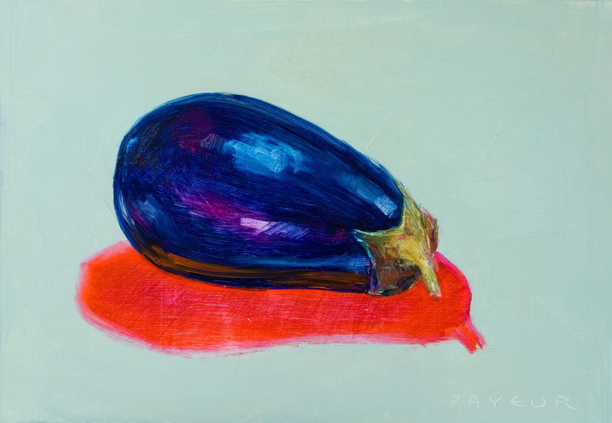Impressionistic Still Life Oil Painting By Olivier Payeur, 13 X 9", Eggplant In Green Blue And Red, Original Artwork