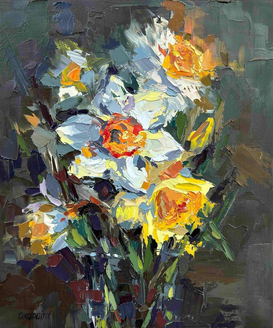 "Daffodils" palette knife oil painting