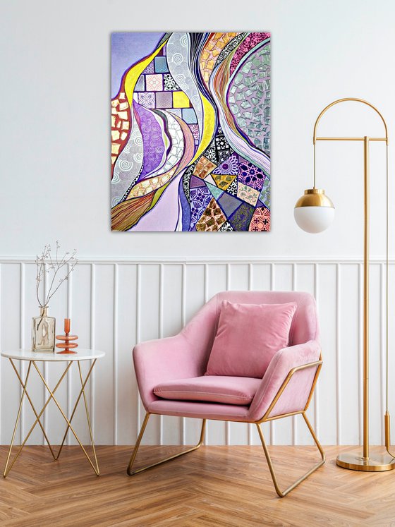 Colorful abstract painting. Purple lilac silver gold Oriental wall art