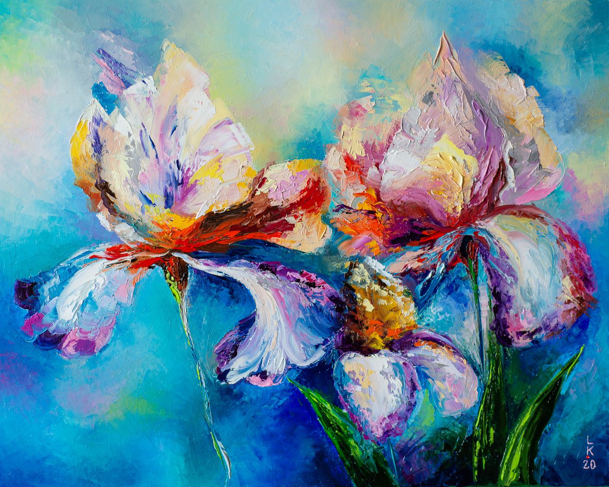 Impressionistic Botanical Oil Painting By Liubov Kuptsova, 20 X 16", Iris Family, Original Artwork