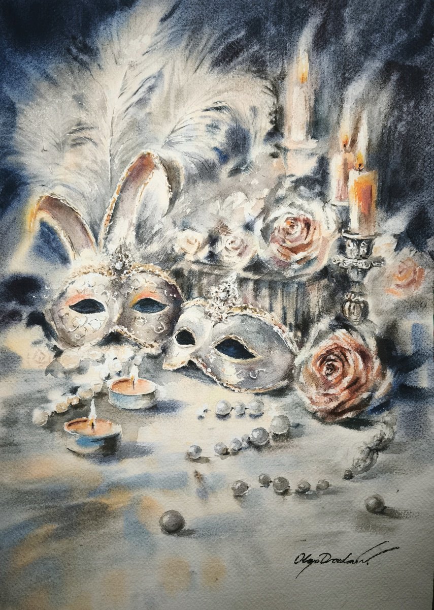 Impressionistic Still Life Watercolour By Olga Drozdova, 14 X 20", Venetian Masks, Original Artwork