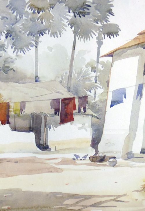 Bengal Village Hut-Watercolor on Paper by Samiran Sarkar