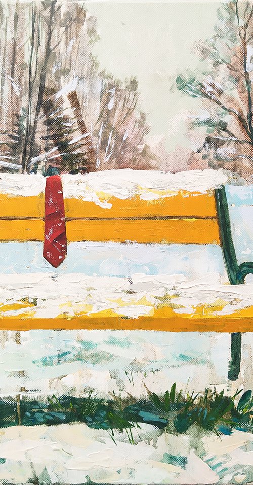 Red Tie and Yellow Bench by Alexander Mikhaylov