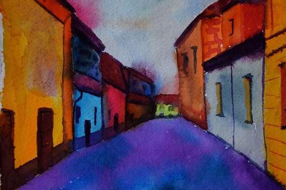 Original watercolor painting on craft paper Prague Golden Street