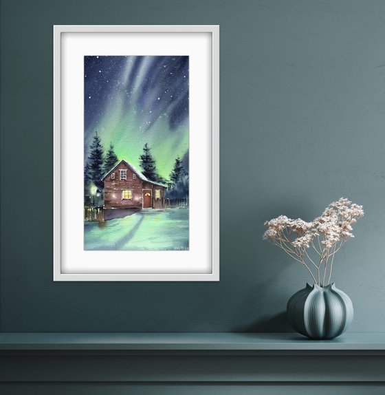 Somewhere at the end of the world. Winter northern landscape with northern lights.