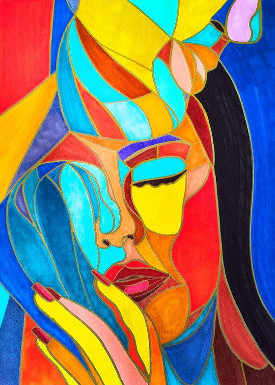 Woman & man abstract art in stained glass cubism style