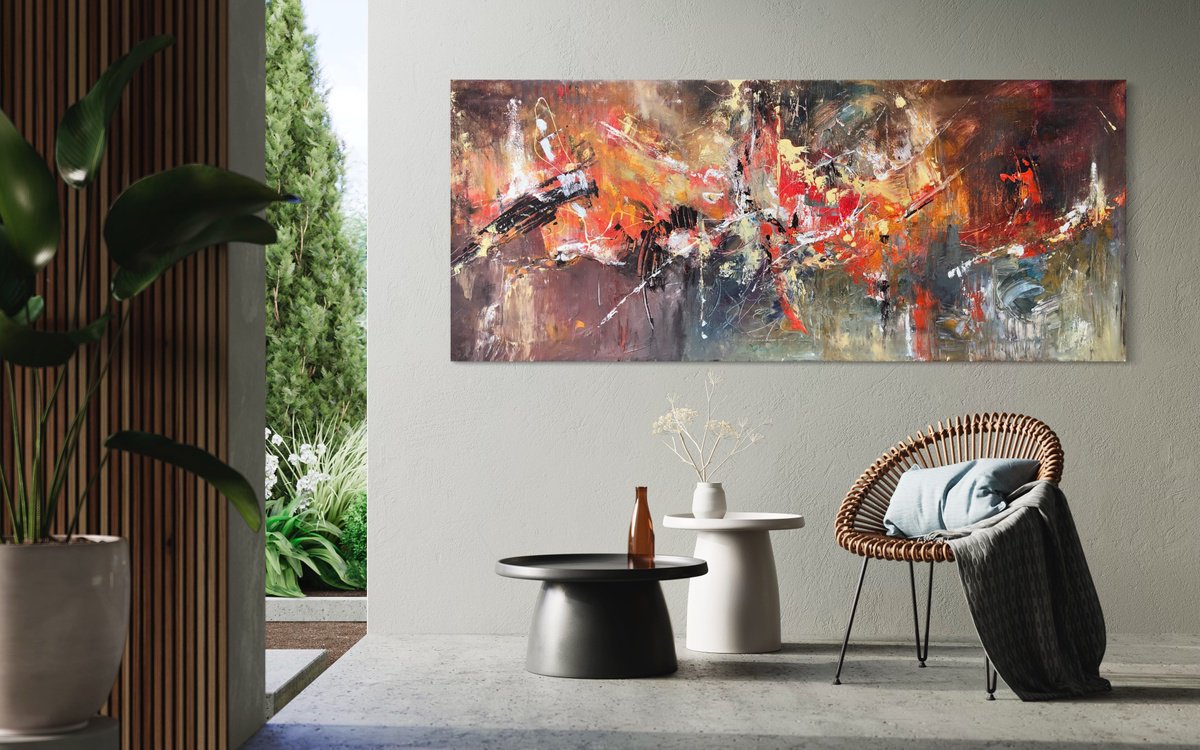 Expressive Abstract Acrylic Painting By Snezana Djordjevic, 47 X 20", Red Rhapsody, Original Artwork