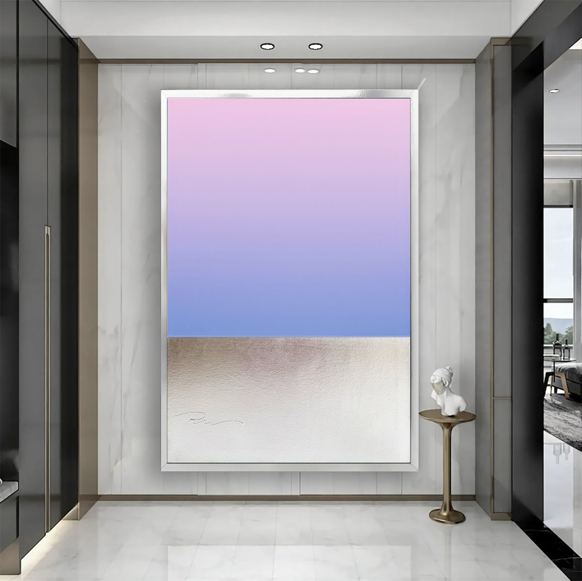 Abstract Landscape Acrylic Painting By Indie Ru, 39 X 59, Soft Pink Sea Gradient, Original Artwork