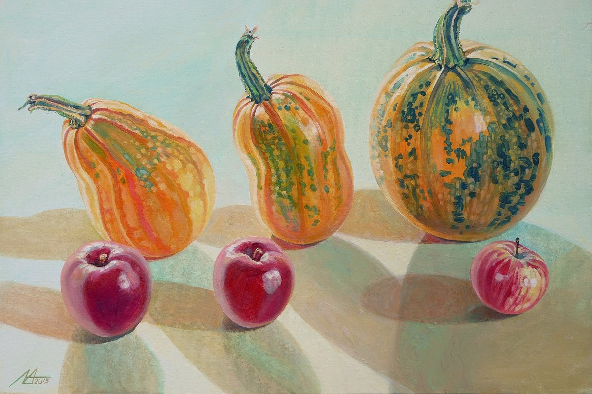 Photorealistic Still Life Oil Painting By Alona Lesnichenko, 28 X 20, Pumpkin Geometry, Original Artwork