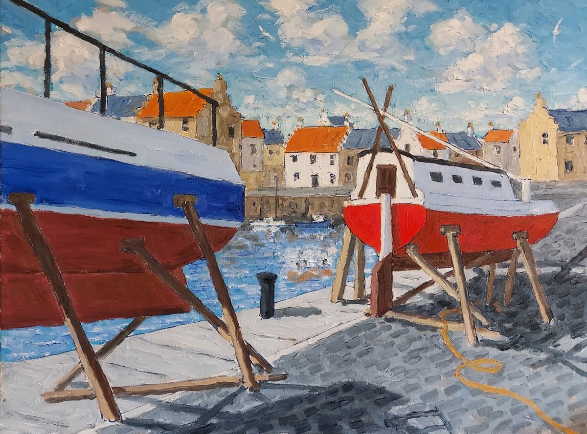 Landscape Oil Painting By Colin Ross Jack, 24 X 18, Yachts On The Pier, St Monans, Original Artwork