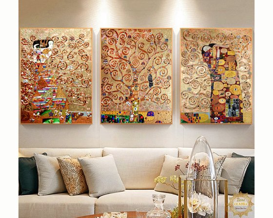 Tree of life Gustav Klimt. Relief golden bronze 3 pieces horizontal large painting