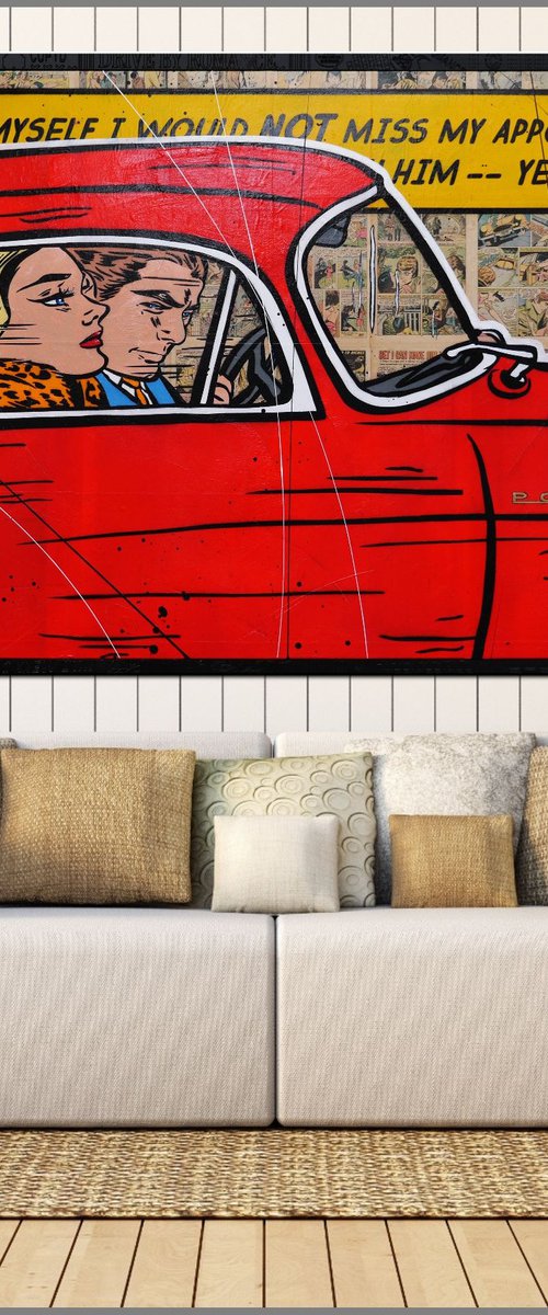 Drive By Romance 180cm x 100cm Porsche Romance Comic Book Urban Pop Art With Custom Etched Frame by Franko