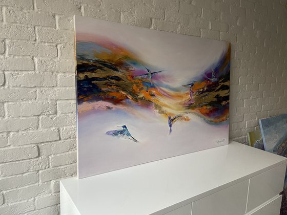 Hummingbird flying. Original abstract painting