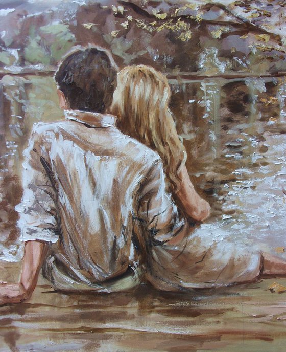 " OUR SECRET PLACES ... "- 100 x 70 cm AUTUMN LAKE SKY liGHt  valentines day couple ORIGINAL OIL PAINTING, GIFT, PALETTE KNIFE