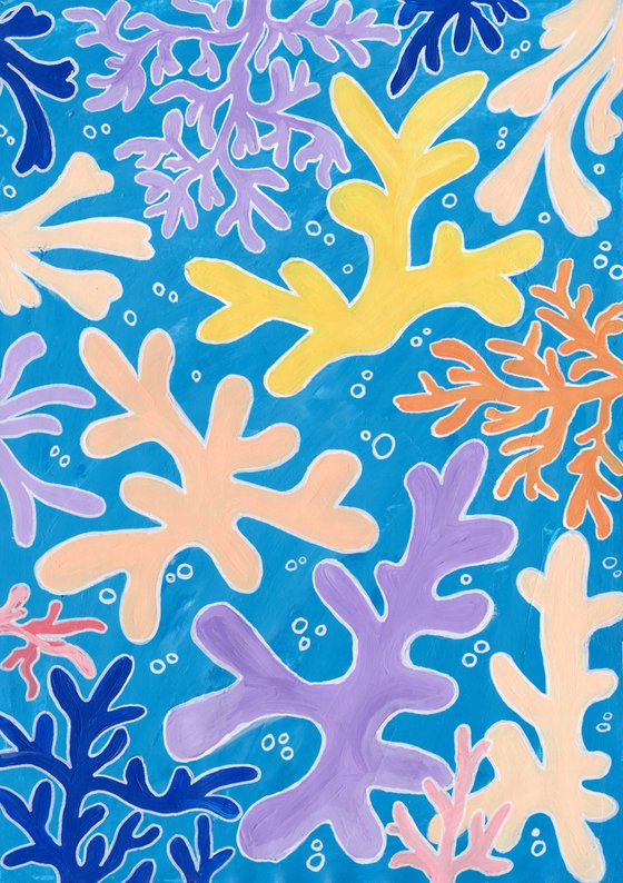 Acrylic painting "Happy Corals 4" inspired by Henri Matisse on paper, wall painting, interior art, interior design.
