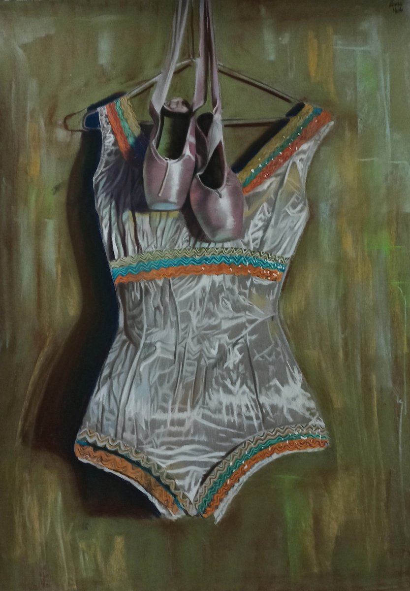 Photorealistic Still Life Pastel Drawing By Laura Muolo, 20 X 28", The Costume And Ballet Shoes, Original Artwork