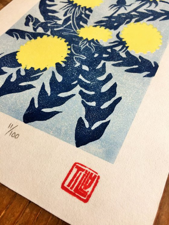 Dandelion, Japanese Woodblock print, woodcut