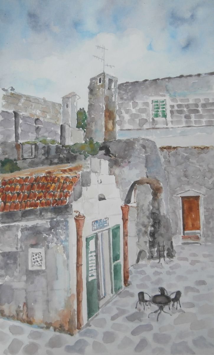 Cityscapes Watercolour By Zoran Mihajlovic Muza, 7 X 12", Yard, Original Artwork