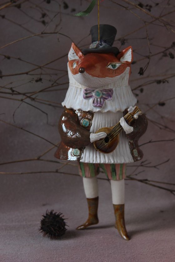 FOXY WITH A MANDOLIN, SCULPTURED CERAMIC BELL DOLL 2018