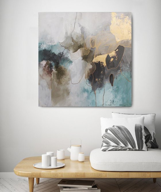 "Miracle" Abstract teal and gold acrylic art