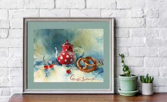 "Summer still life with cherries" - original watercolor artwork