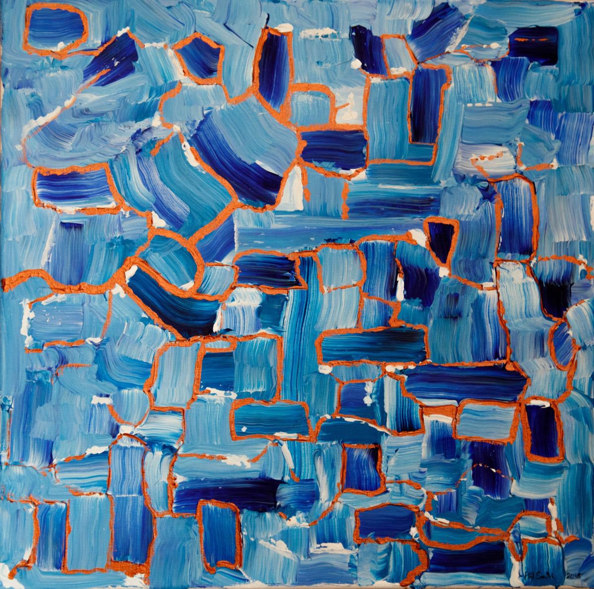 Abstract in blue, white and copper by Phil Smith
