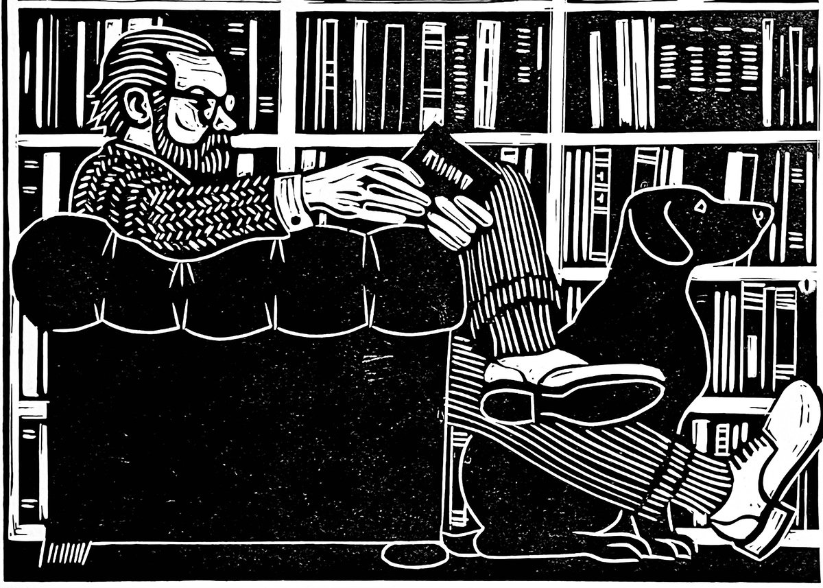 Graphic Linocut , Bookshop Browsers By Mark Howard Jones, 12 X 8, Artwork For Sale On Artfinder