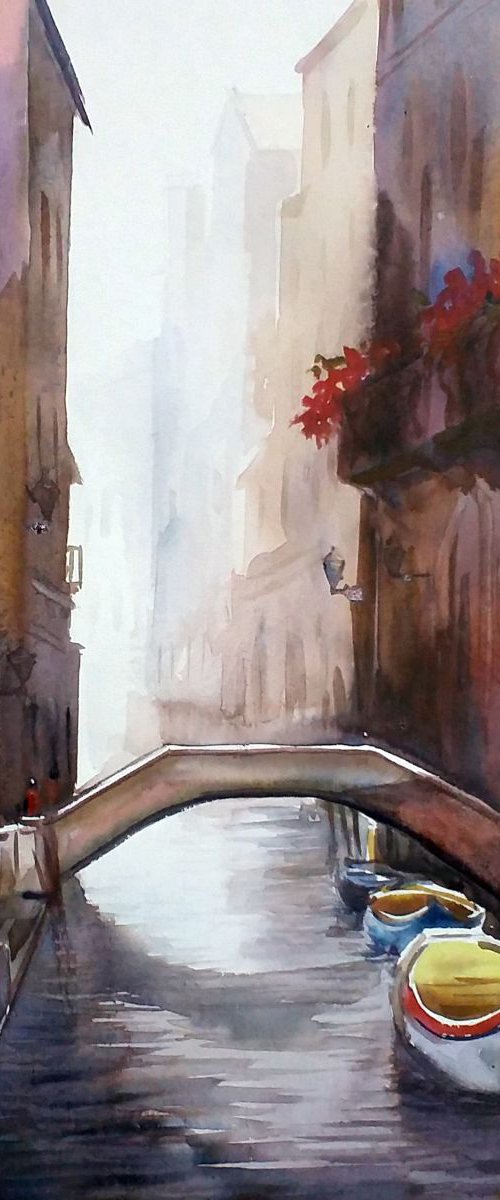 Morning Venice Canals - Watercolor Painting by Samiran Sarkar