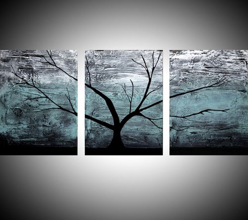 triptych multi color 3 panel wall art color turquoise black white impasto tree in wood "The Tree of life" turquoise edition 3 panel wall abstract canvas abstraction 48 x 20 " other sizes available by Stuart Wright