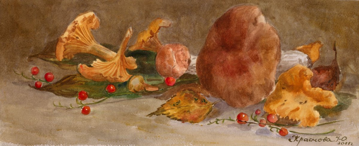Still Life Watercolour By Yulia Krasnov, 16 X 6", Forest Finds 2, Original Artwork