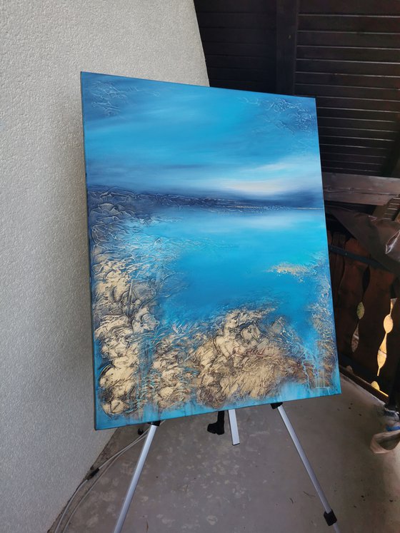 A XL large original modern semi-abstract painting "Blue Lagoon"