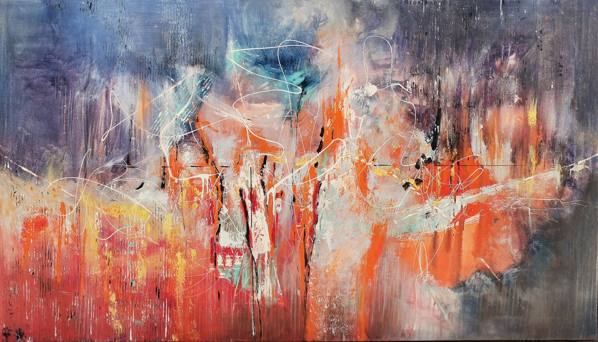 Abstract Oil Painting By Snezana Djordjevic, 55 X 31", An Artist Under A Starry Sky, Original Artwork