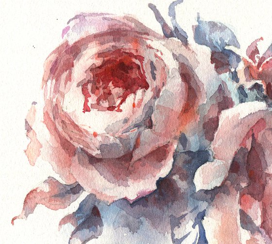 "Romantic composition with blooming English roses" original watercolor sketch small format