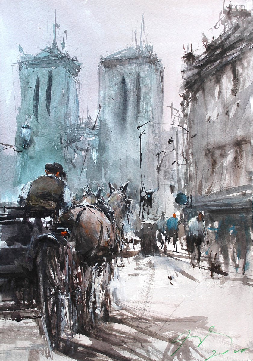Impressionistic Watercolour , Paris Caleche By Maximo Damico, 9 X 14, Artwork For Sale On Artfinder