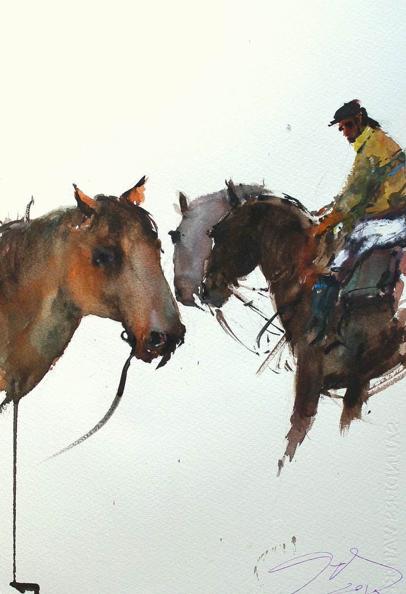 Impressionistic Animal Watercolour By Maximo Damico, 11 X 15", Country Horses Ii, Original Artwork
